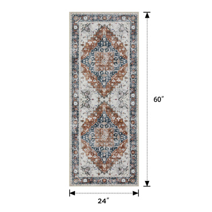 Joydeco Living Room Rug, Non Slip Machine Washable Vintage Runner Rug, Low Pile Lightweight Chenille Print Rugs for Entryway, Hallway, Bedroom, Kitchen and Corridor