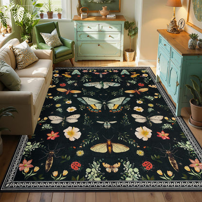 Joydeco Insect Bathroom Rugs Non Slip Washable, Floral Kitchen Rugs Non Slip, Soft Low-Pile Ultra Thin Boho Indoor Floor Throw Carpet for Entryway Bedroom Laundry Entrance