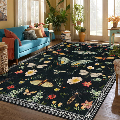 Joydeco Insect Bathroom Rugs Non Slip Washable, Floral Kitchen Rugs Non Slip, Soft Low-Pile Ultra Thin Boho Indoor Floor Throw Carpet for Entryway Bedroom Laundry Entrance