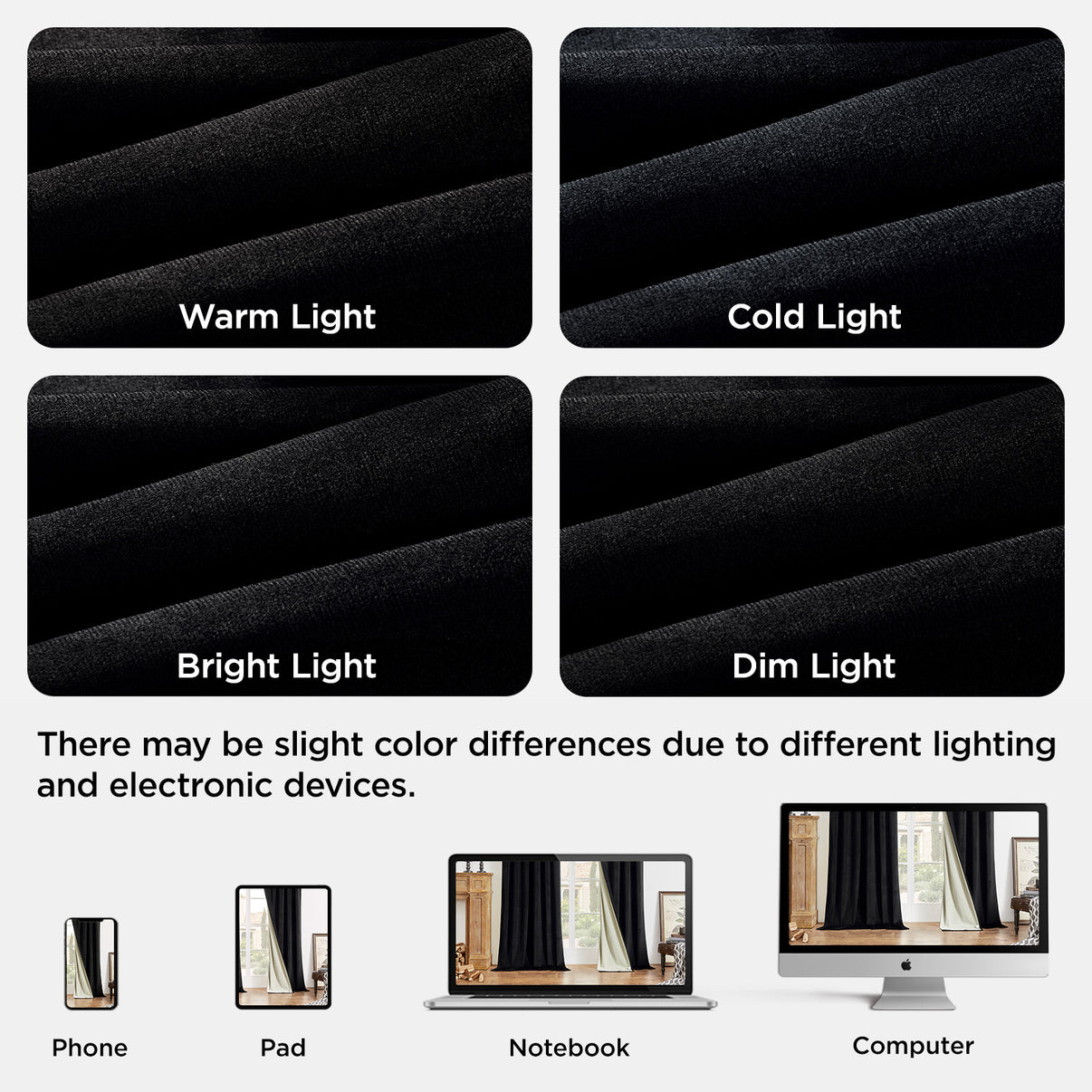 Black velvet curtains shown in warm, cold, bright, and dim light, and on various devices, illustrating color variations.