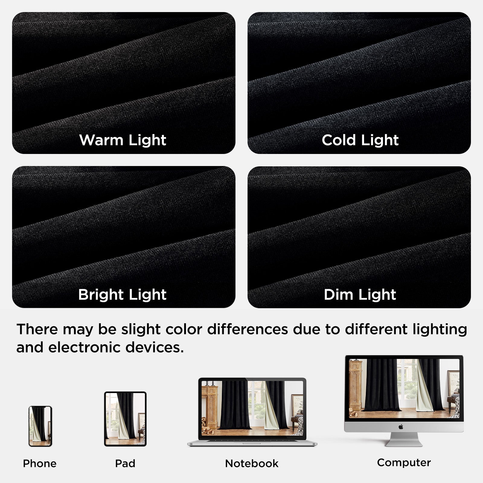 Black velvet curtains shown in warm, cold, bright, and dim light, and on various devices, illustrating color variations.