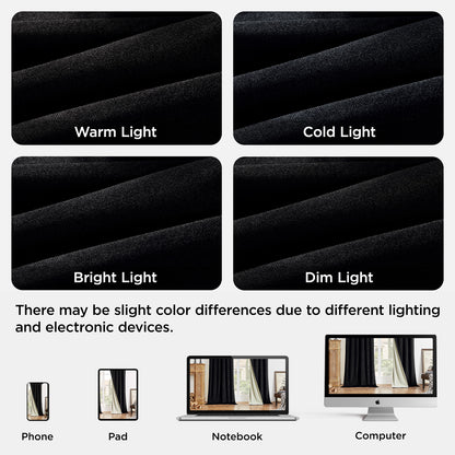 Black velvet curtains shown in warm, cold, bright, and dim light, and on various devices, illustrating color variations.