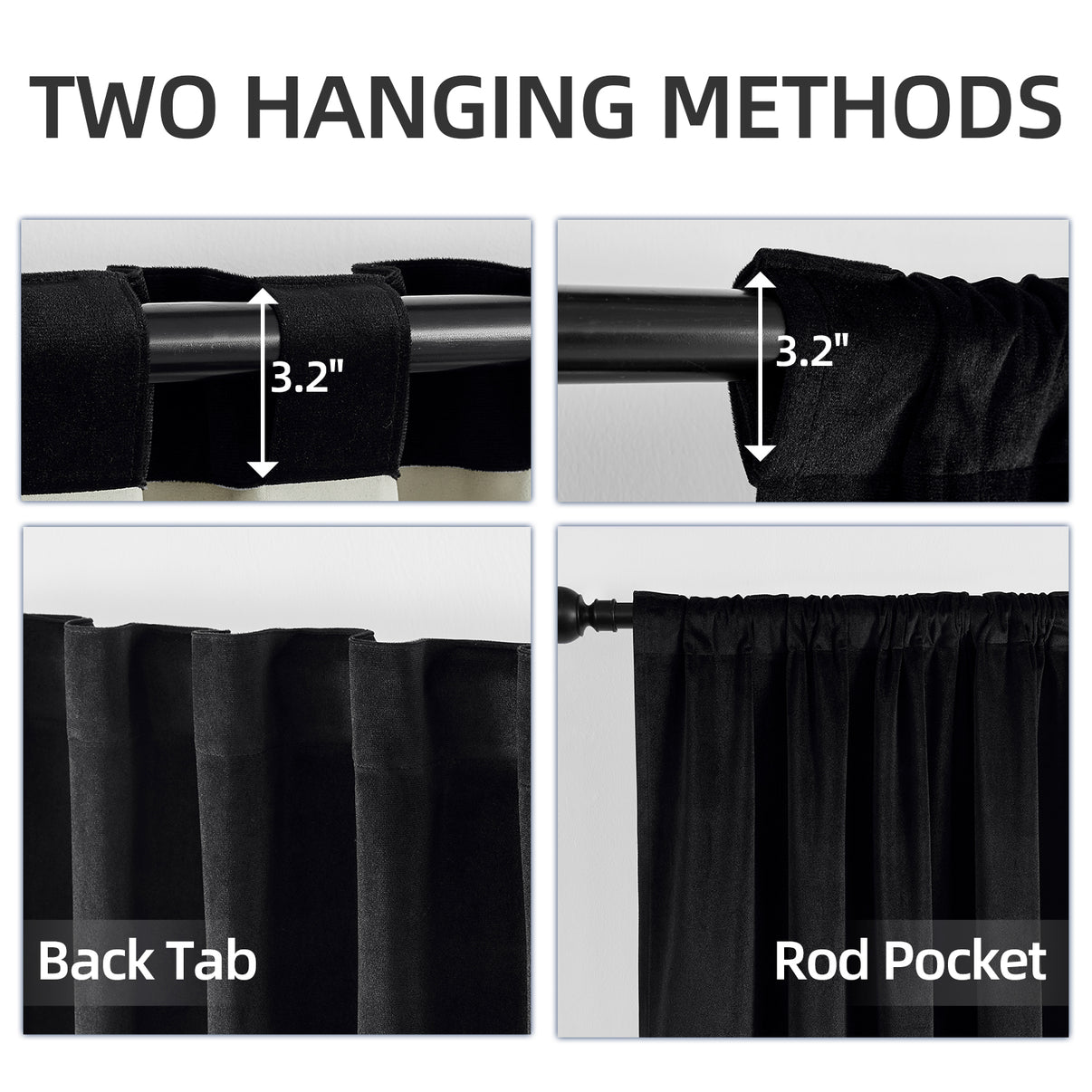 Joydeco black velvet curtains show back tab and rod pocket hanging methods, each with a 3.2-inch measurement.
