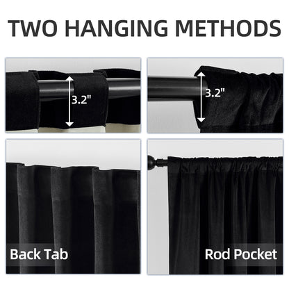 Joydeco black velvet curtains show back tab and rod pocket hanging methods, each with a 3.2-inch measurement.