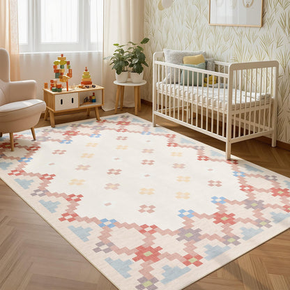 Joydeco Checkered Pink Kitchen Runner Rug Non Slip, Washable Bathroom, Modern Soft Low-Pile Ultra Thin Indoor Floor Throw Carpet for Bedroom Laundry Room Entrance Entryway