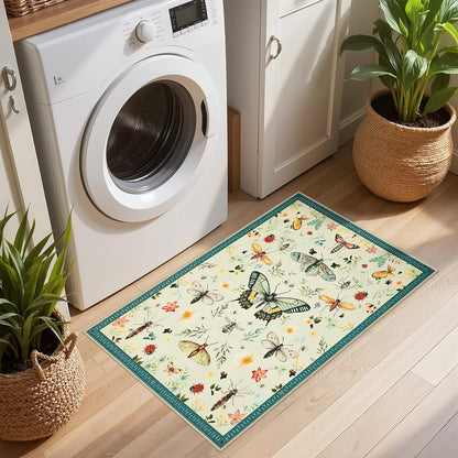 Joydeco Insect Bathroom Rugs Non Slip Washable, Floral Kitchen Rugs Non Slip, Soft Low-Pile Ultra Thin Boho Indoor Floor Throw Carpet for Entryway Bedroom Laundry Entrance