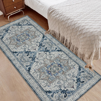 Joydeco Runner Rug Non Slip Machine Washable Vintage Rug, Low Pile Non Slip Chenille Print Rugs for Living Room, Entryway, Bedroom, Kitchen and Corridor, Bathroom