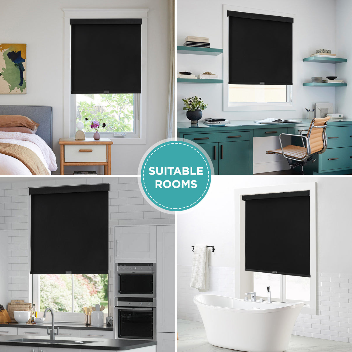 Collage of black cordless blackout roller shades in bedroom, office, kitchen, and bathroom settings.