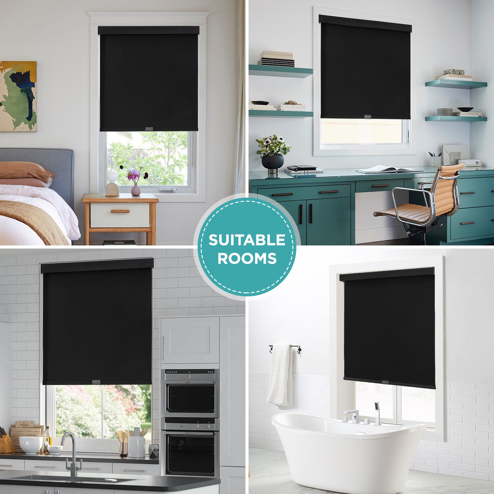 Collage of black cordless blackout roller shades in bedroom, office, kitchen, and bathroom settings.