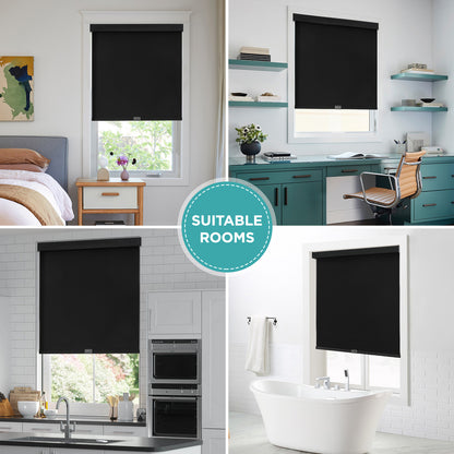 Collage of black cordless blackout roller shades in bedroom, office, kitchen, and bathroom settings.