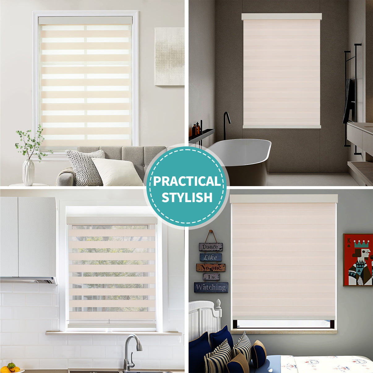 Joydeco cordless zebra blinds in beige and white, shown in living room, bathroom, kitchen and bedroom settings.
