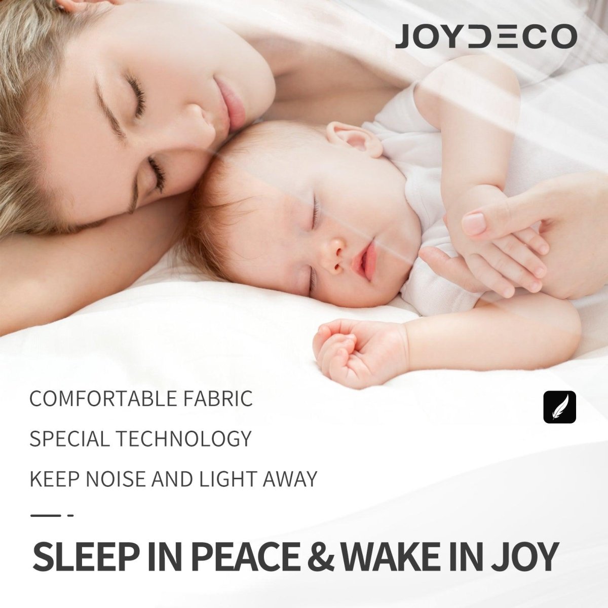 Joydeco black blackout curtains promote peaceful sleep for mother and baby. Special technology keeps noise and light away.