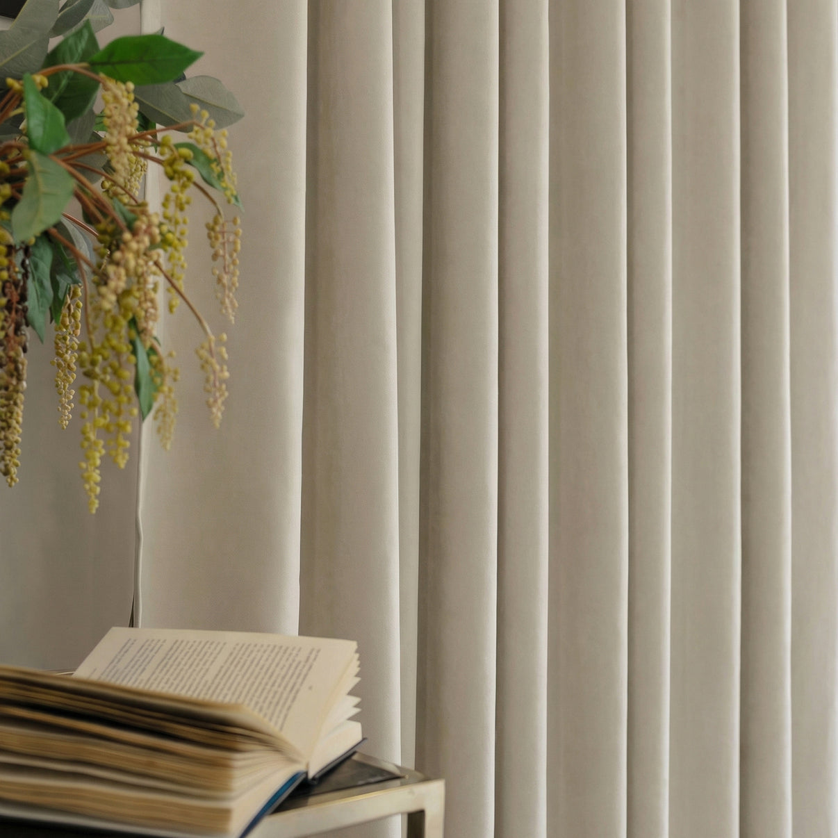 Everly heavyweight chenille room darkening curtain, neutral tone, elegant pleats.