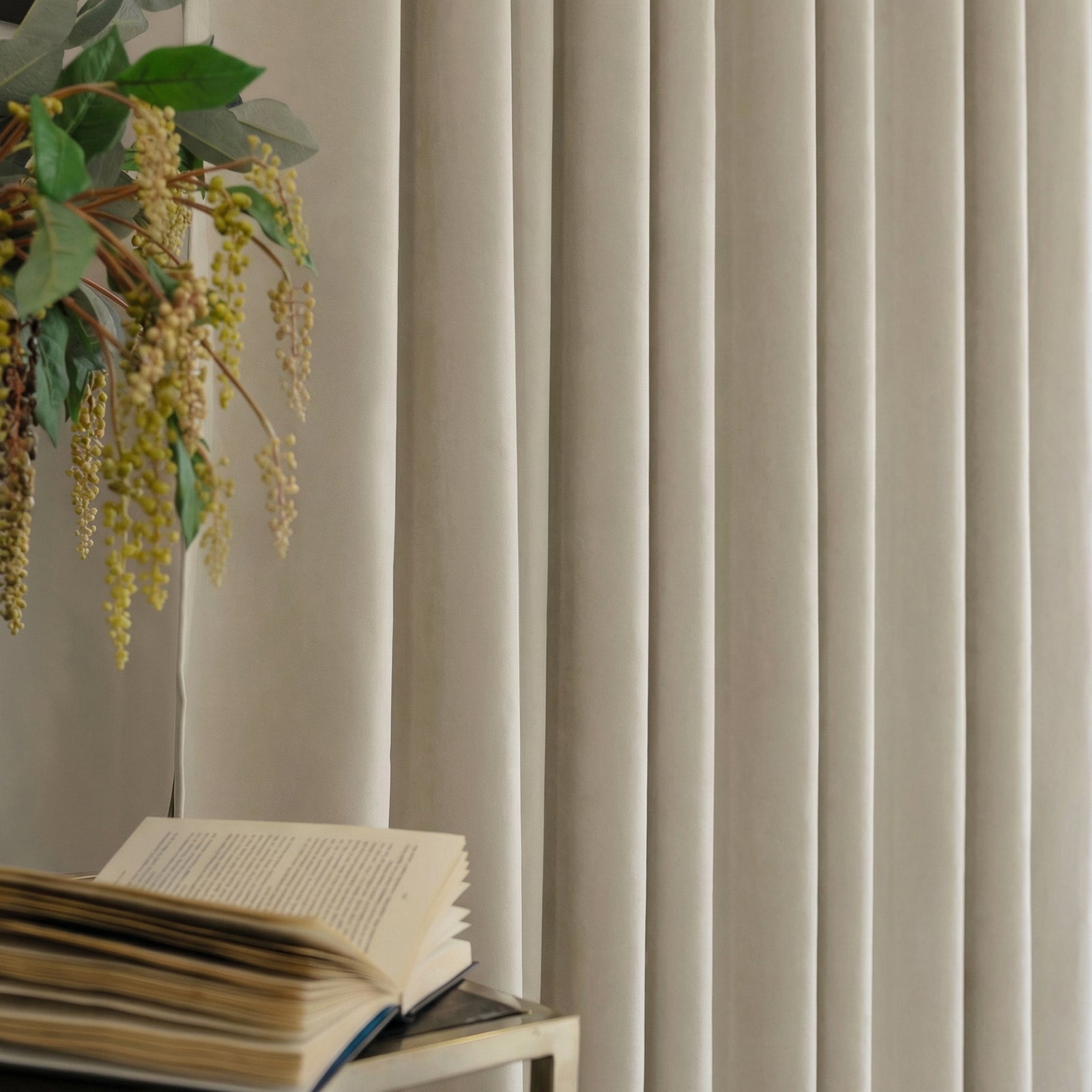 Everly heavyweight chenille room darkening curtain, neutral tone, elegant pleats.