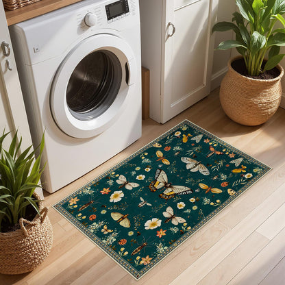 Joydeco Insect Bathroom Rugs Non Slip Washable, Floral Kitchen Rugs Non Slip, Soft Low-Pile Ultra Thin Boho Indoor Floor Throw Carpet for Entryway Bedroom Laundry Entrance