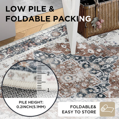 Joydeco Runner Rug Non Slip Machine Washable Vintage Rug, Low Pile Non Slip Chenille Print Rugs for Living Room, Entryway, Bedroom, Kitchen and Corridor, Bathroom