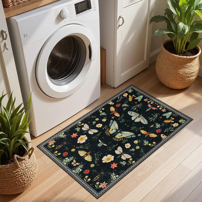 Joydeco Insect Bathroom Rugs Non Slip Washable, Floral Kitchen Rugs Non Slip, Soft Low-Pile Ultra Thin Boho Indoor Floor Throw Carpet for Entryway Bedroom Laundry Entrance