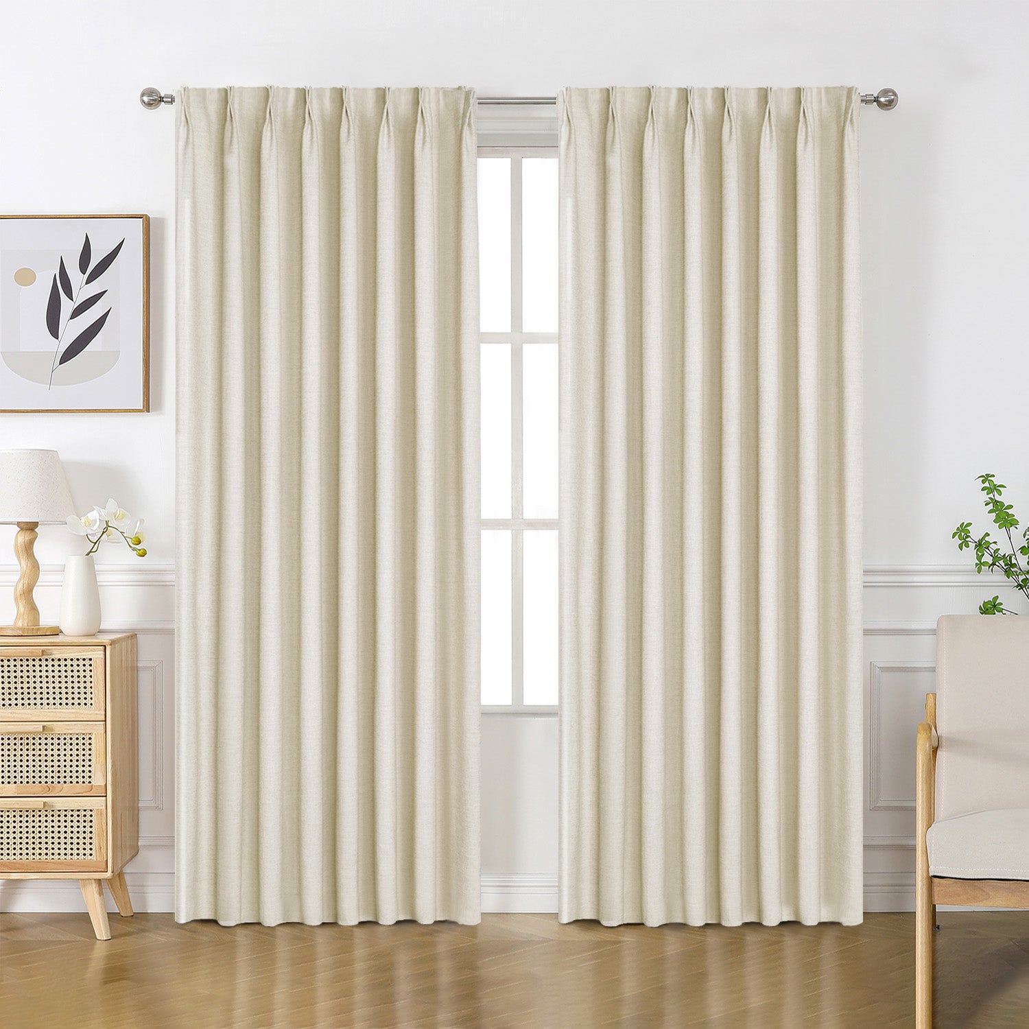 Cream Flaxaline linen blackout curtains with subtle weave, pleated for a modern room setting. Custom size available.