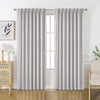 Light gray custom Flaxaline linen blackout curtains, pleated with natural texture, for light control.