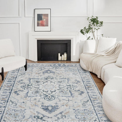 Joydeco 8x10 Area Rugs for Living Room, Non Slip Machine Washable Vintage Rug, Low Pile Chenille Print Rugs for Bedroom, Dining Room, Home Office, Pet & Child Friendly, Blue&Grey