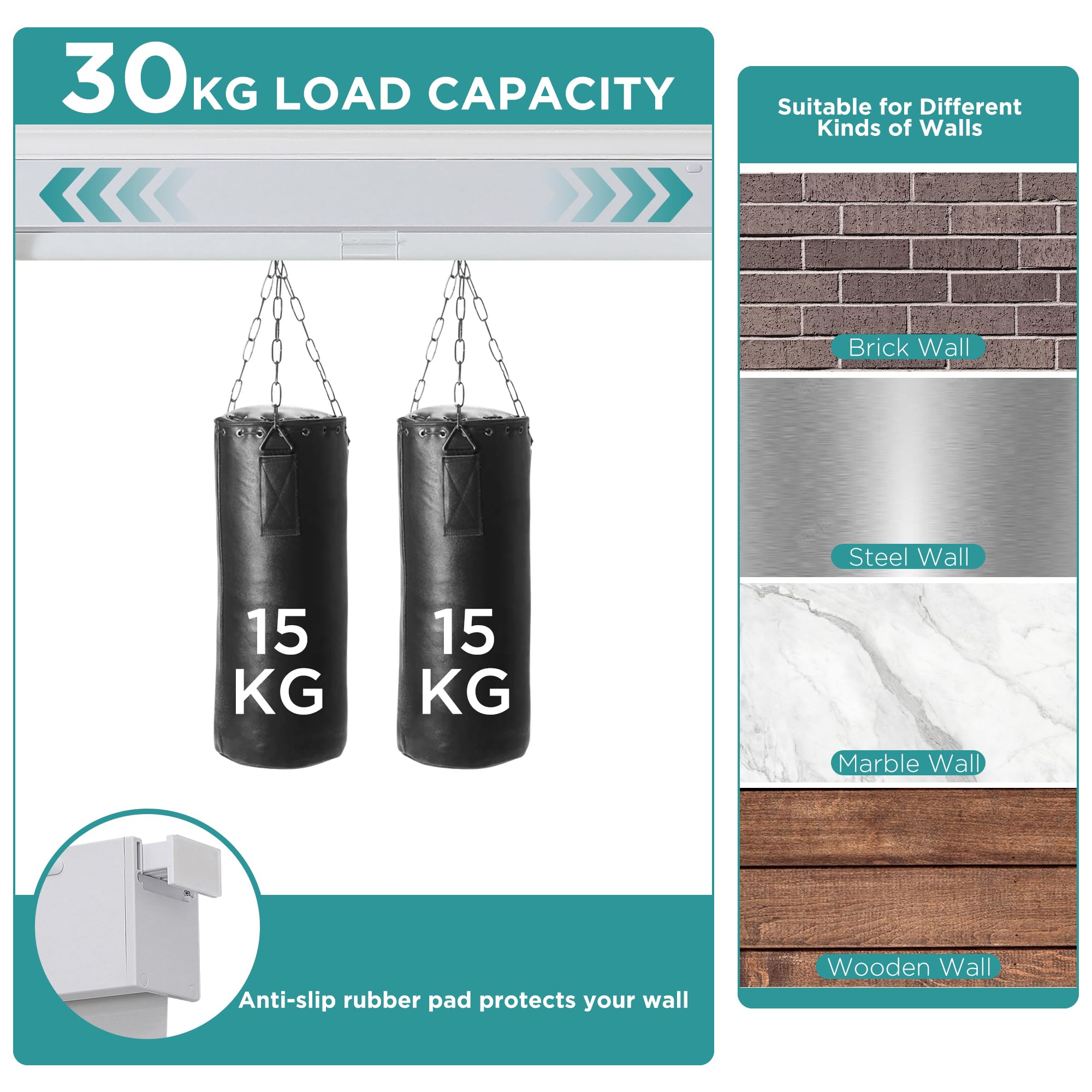 No-drill blackout roller shade system: 30kg load, supports two 15kg bags safely on brick, steel, marble, wood walls.