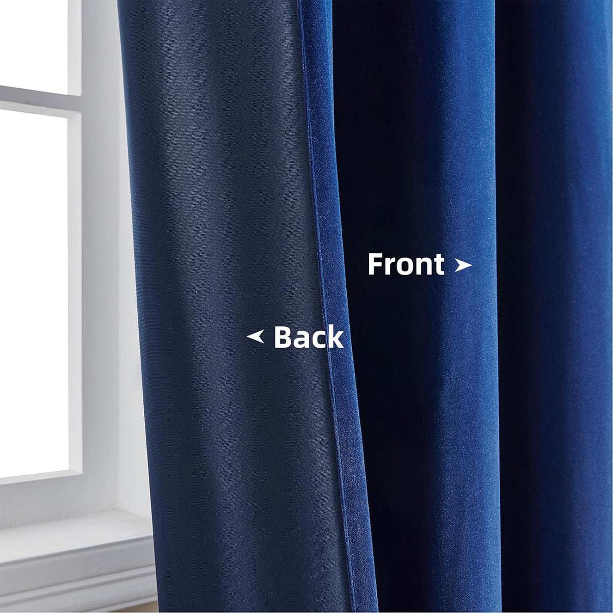 Navy blue velvet curtain construction: plush front and thermal insulated back layers shown with 'Front' and 'Back' labels.
