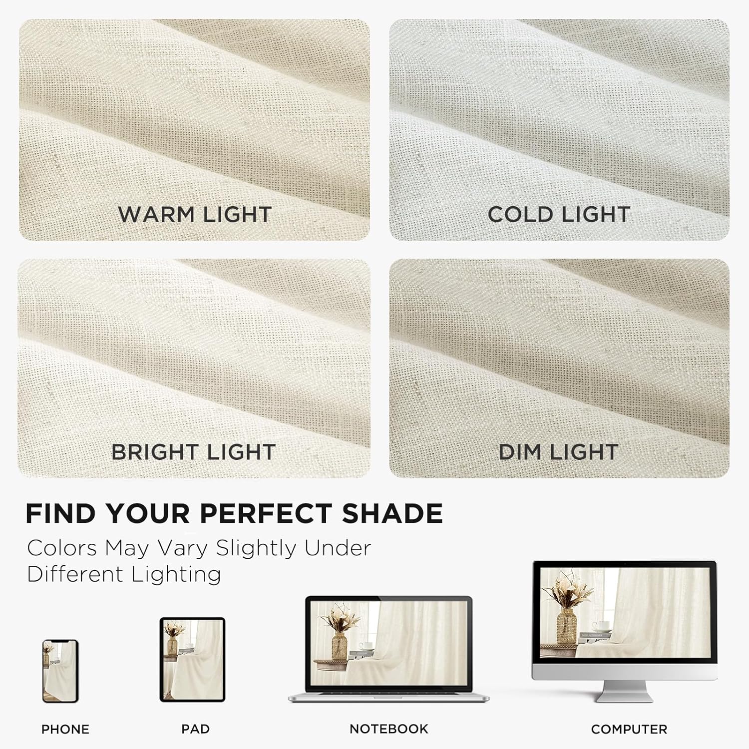 Joydeco ivory linen curtains: light filtering, color variation, screen display