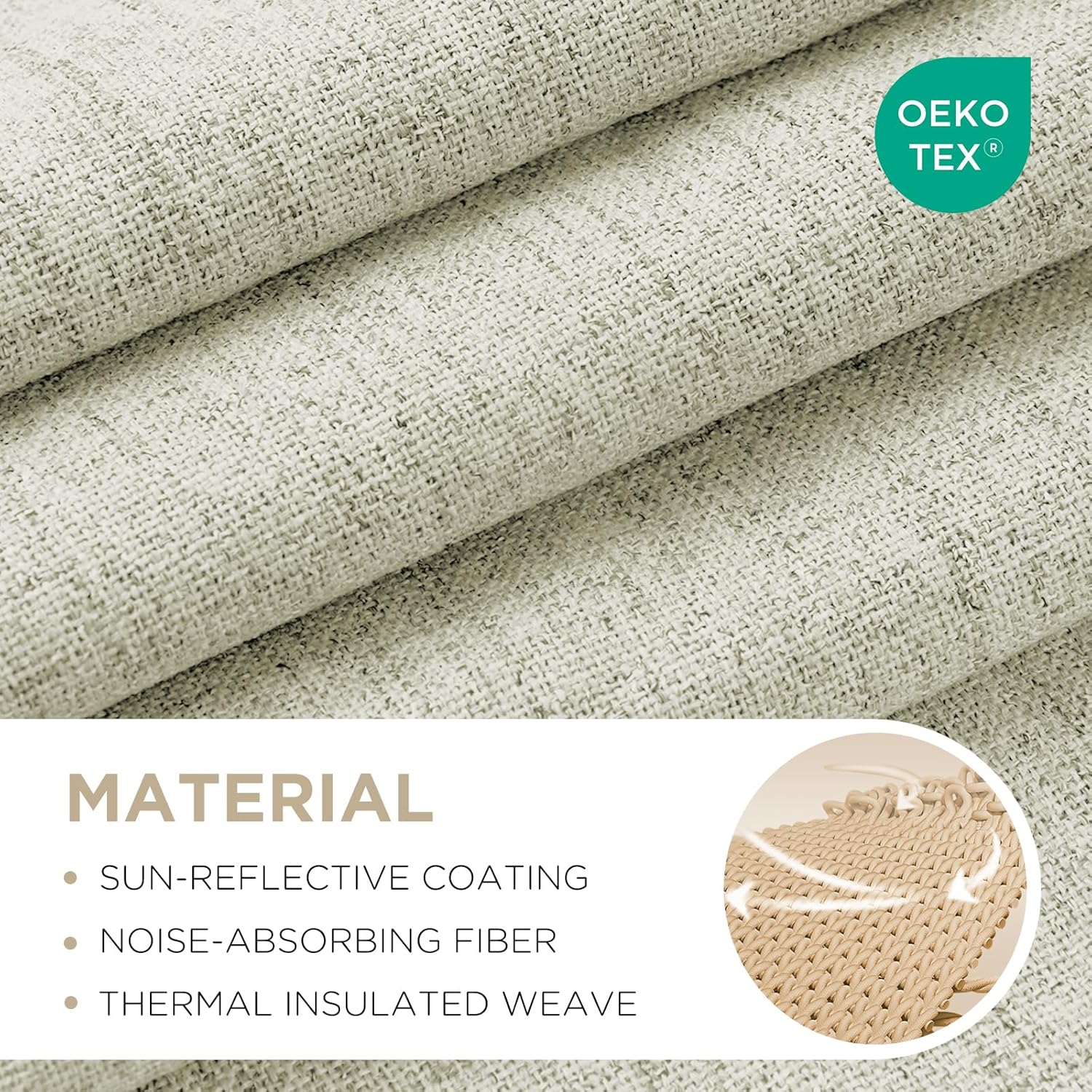 Light beige linen blackout curtain fabric close-up, OEKO-TEX certified, showing thermal insulation benefits.