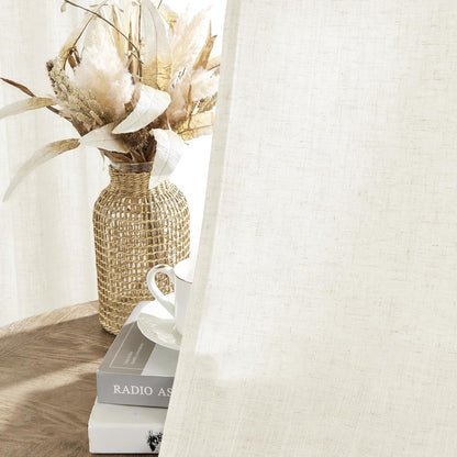 Joydeco off-white semi-sheer linen curtains show textured weave & light filtering, with decor items.