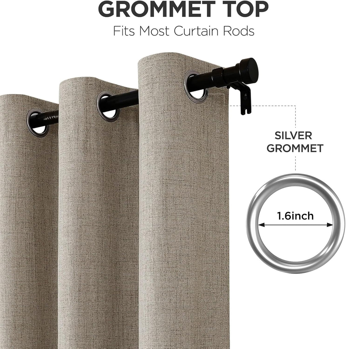 Joydeco beige faux linen curtains: 1.6 inch silver grommet detail for curtain rod compatibility.