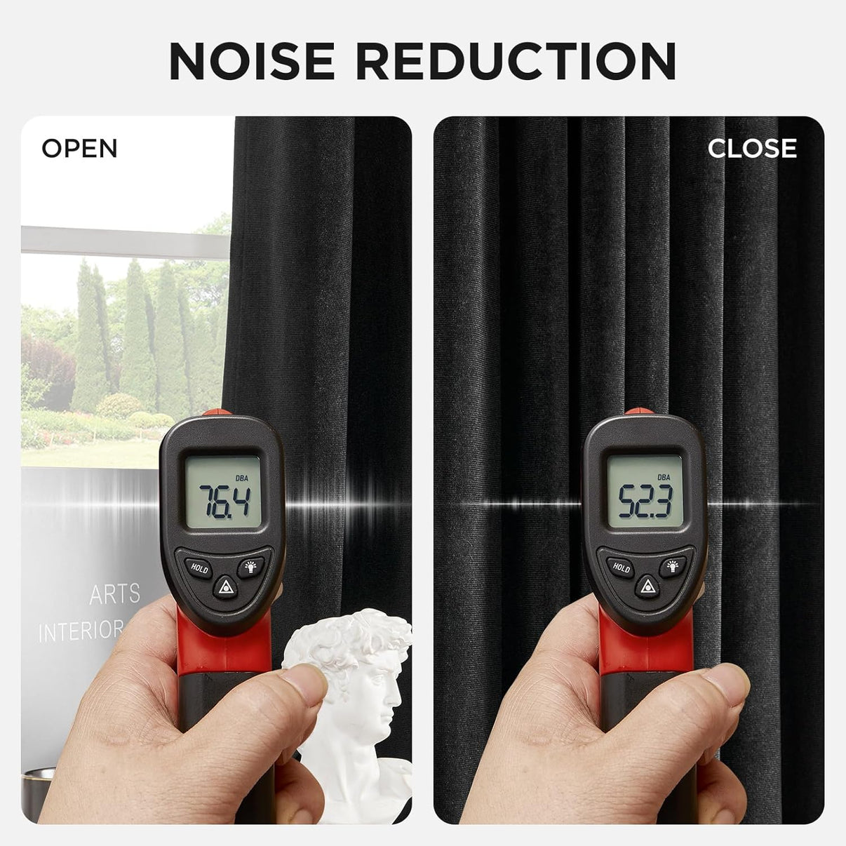 Joydeco black velvet curtains noise reduction: 76.4 dBA with curtains open vs. 52.3 dBA with curtains closed.