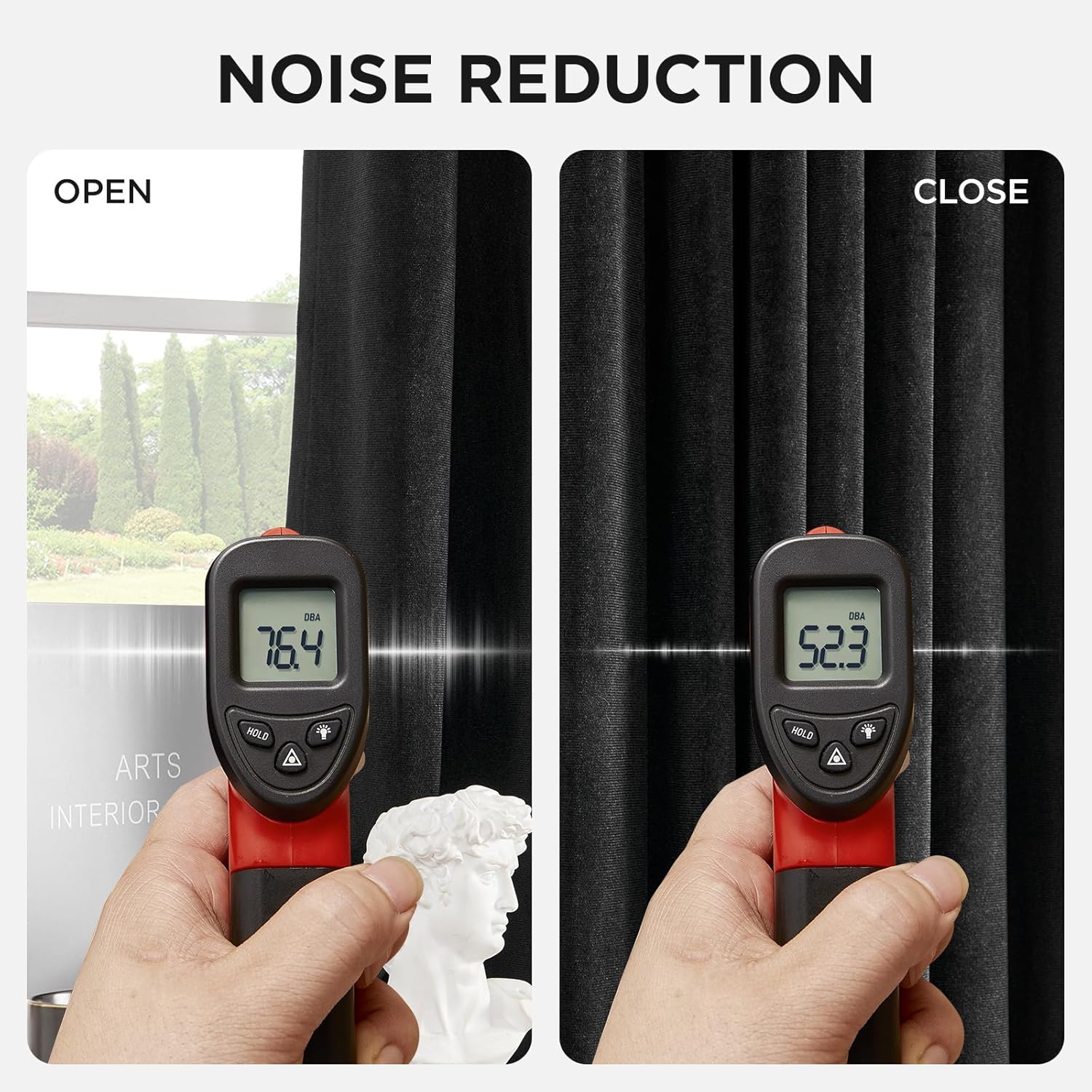 Joydeco black velvet curtains noise reduction: 76.4 dBA with curtains open vs. 52.3 dBA with curtains closed.