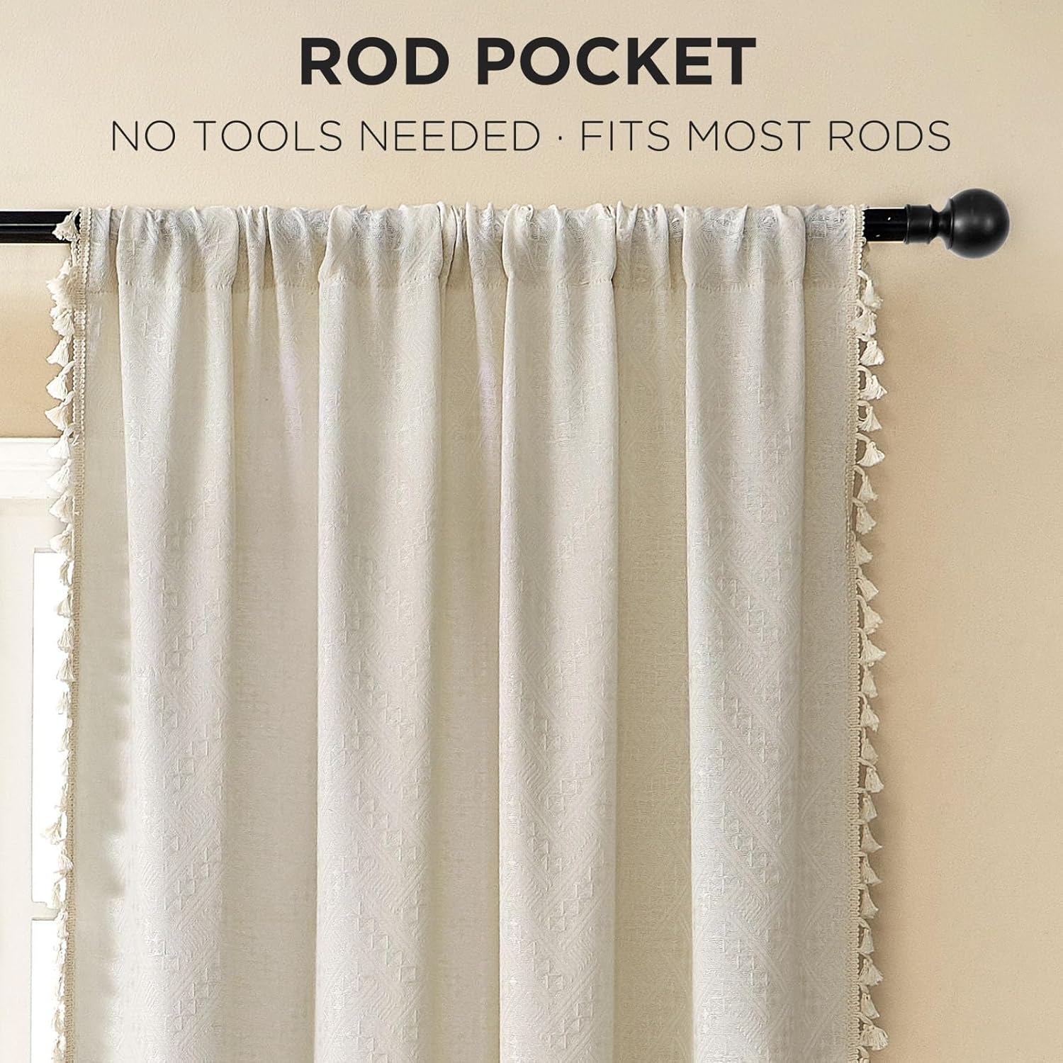 Joydeco beige boho rod pocket curtains with tassels, showcasing basket weave texture and easy installation for living room.