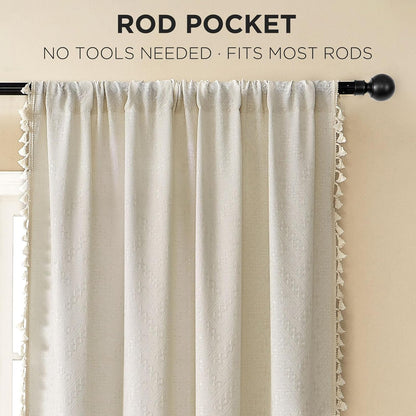 Joydeco beige boho rod pocket curtains with tassels, showcasing basket weave texture and easy installation for living room.
