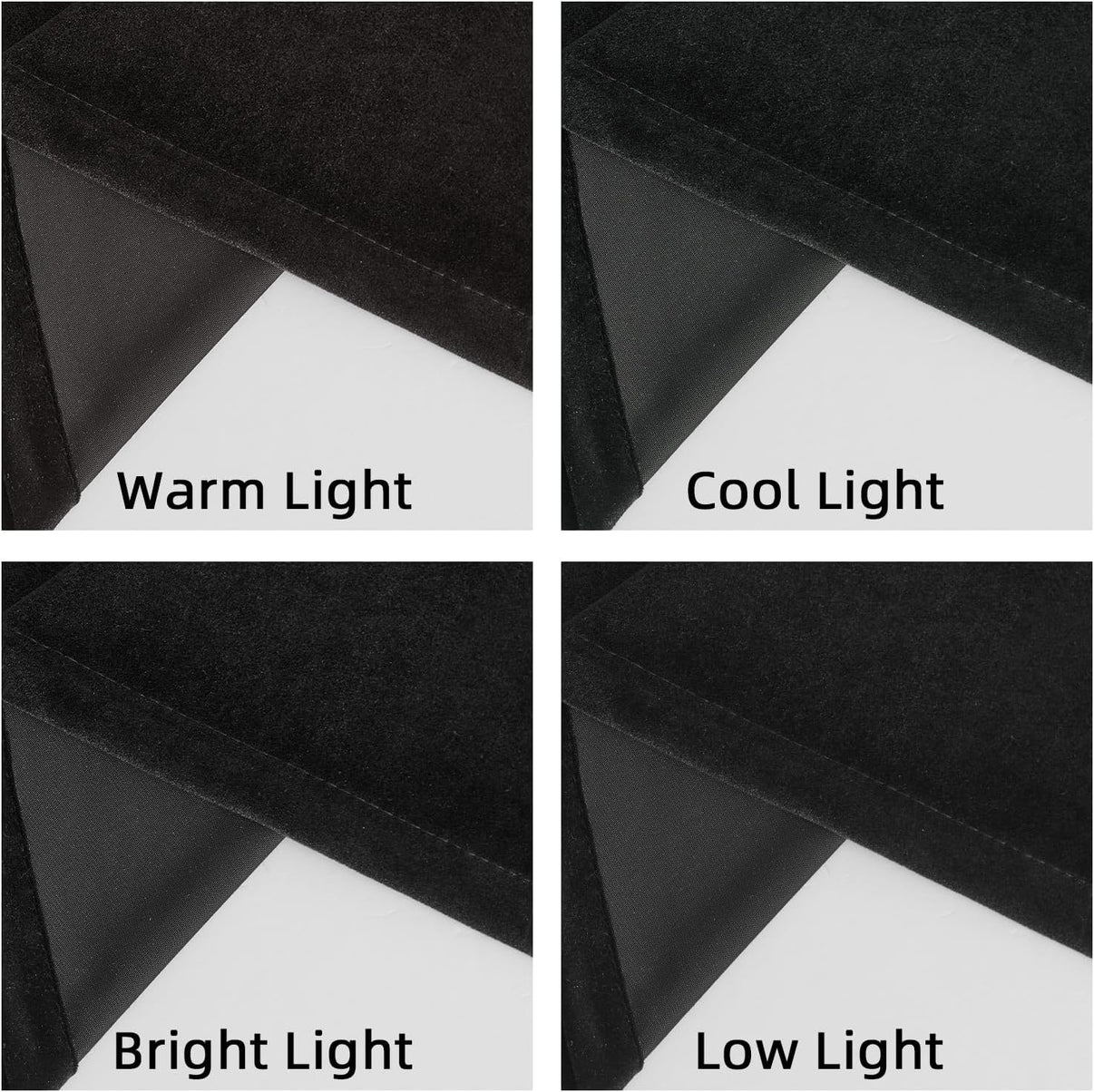Joydeco black velvet curtains 96 inch: texture & light performance under warm, cool, bright, and low light conditions.