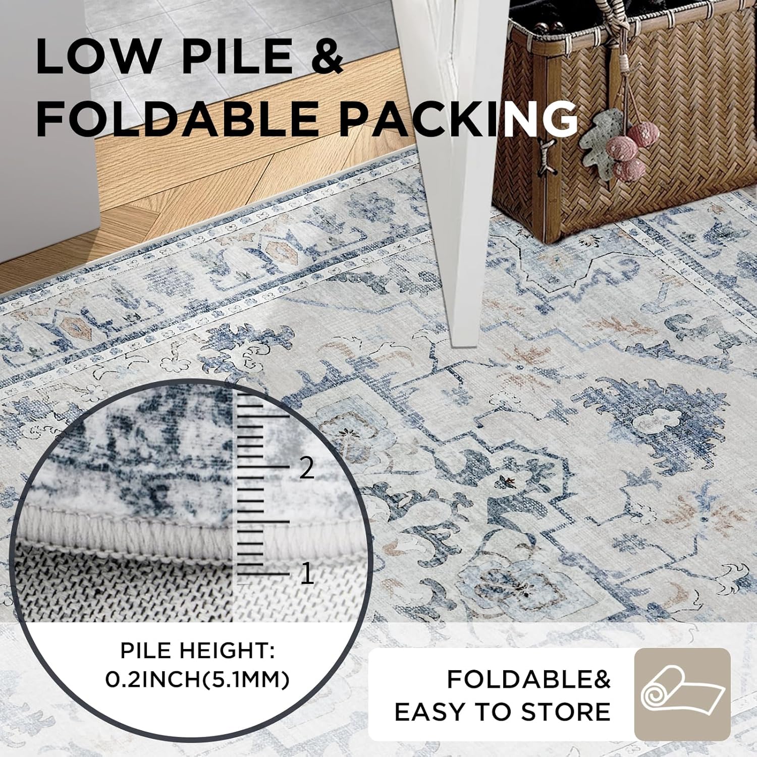 Joydeco blue and grey vintage rug close-up showing 0.2-inch low pile height and foldable design for easy storage.