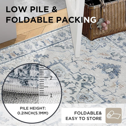 Joydeco blue and grey vintage rug close-up showing 0.2-inch low pile height and foldable design for easy storage.
