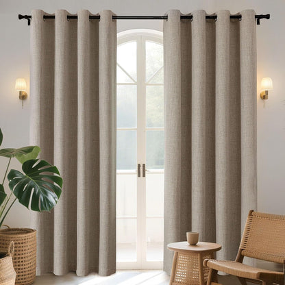 Joydeco beige faux linen blackout curtains with textured weave and grommet top for bedroom window darkening.