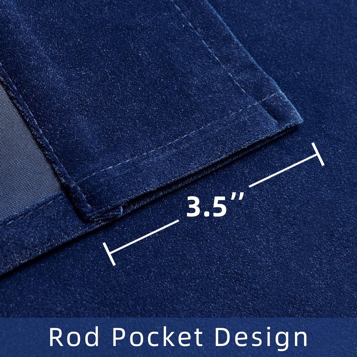 Close up of navy blue velvet curtain showing 3.5 inch rod pocket design for easy hanging.