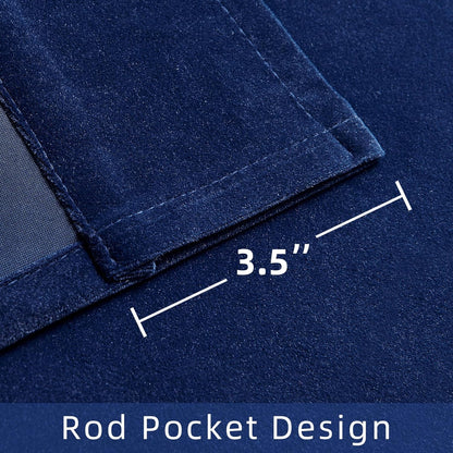 Close up of navy blue velvet curtain showing 3.5 inch rod pocket design for easy hanging.