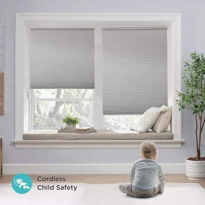 Gray cordless blackout cellular shades in a child's room, emphasizing child safety features.