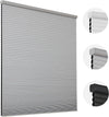 Gray cordless blackout cellular shades with honeycomb construction detail.