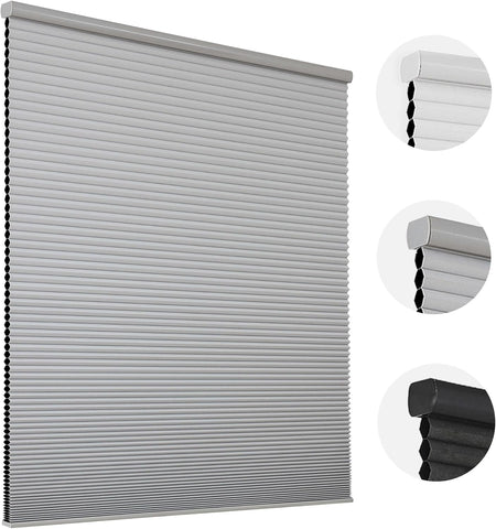 Gray cordless blackout cellular shades with honeycomb construction detail.