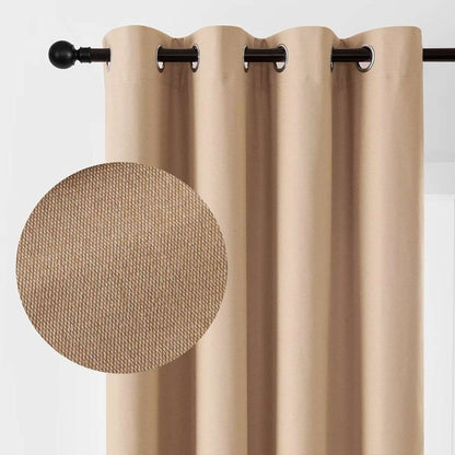 Joydeco beige blackout curtains close-up showing sanded fabric texture and metal grommets. Thermal insulated.