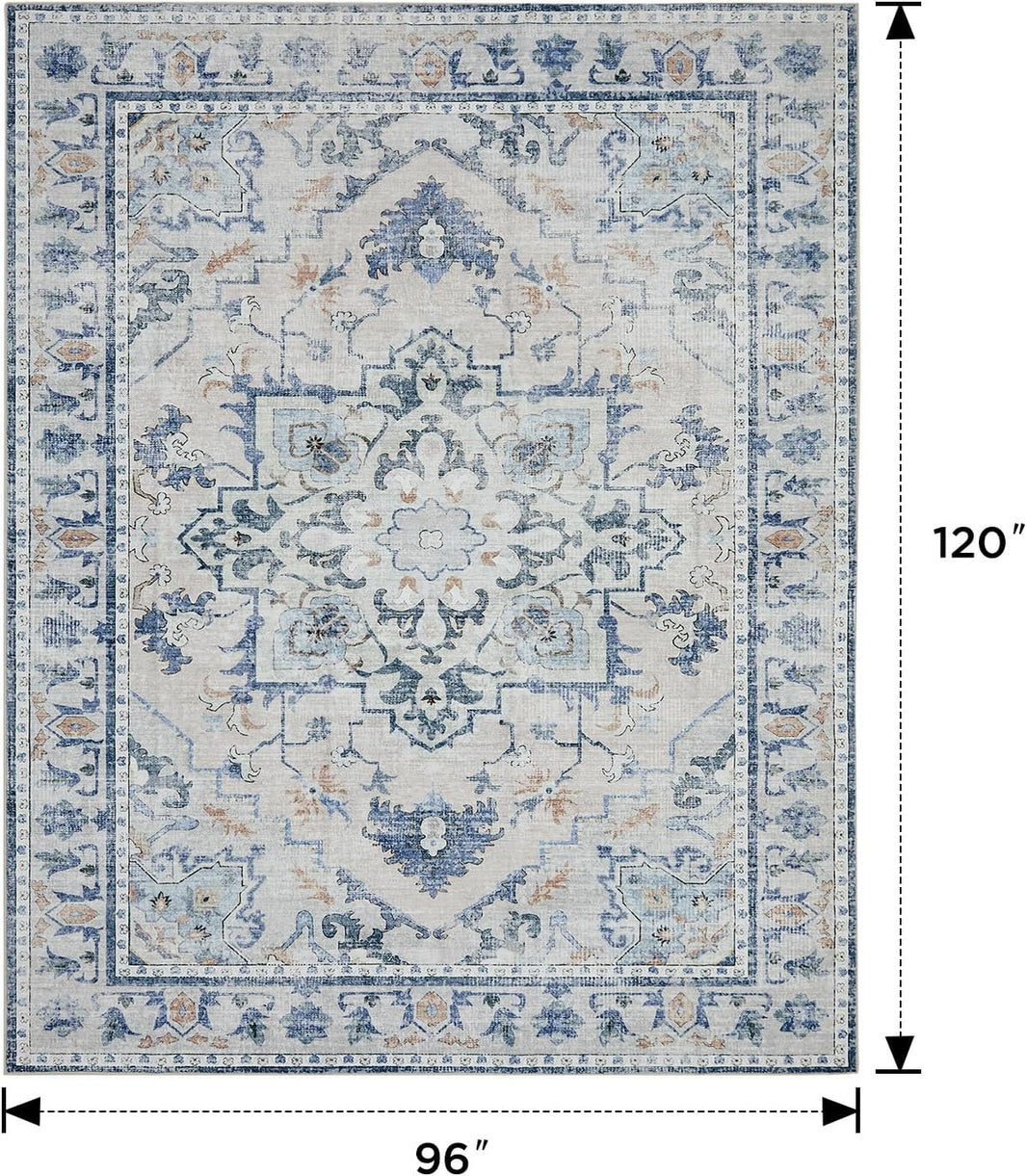 8x10 blue and grey vintage floral medallion area rug, low pile, distressed look, 96" x 120" dimensions shown.
