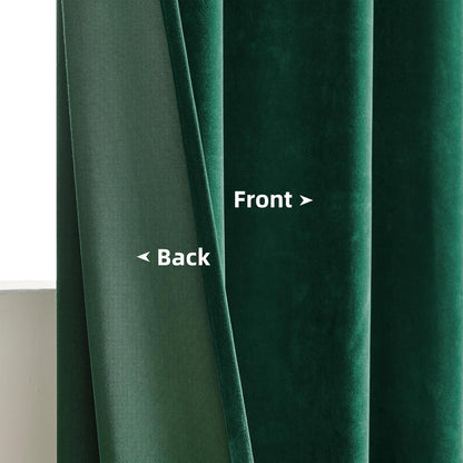 Close-up of dark green velvet curtain showing plush front texture and woven thermal backing, labeled Front and Back.
