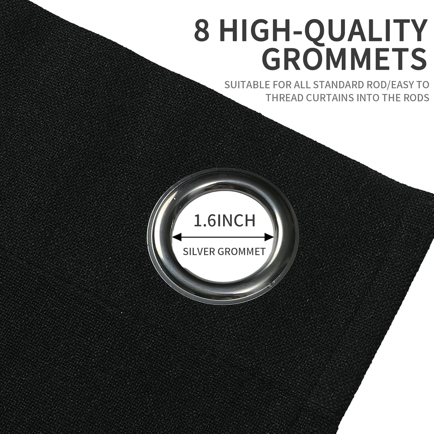 Close-up of black faux linen curtain fabric showcasing a 1.6-inch silver grommet. Product feature detail.