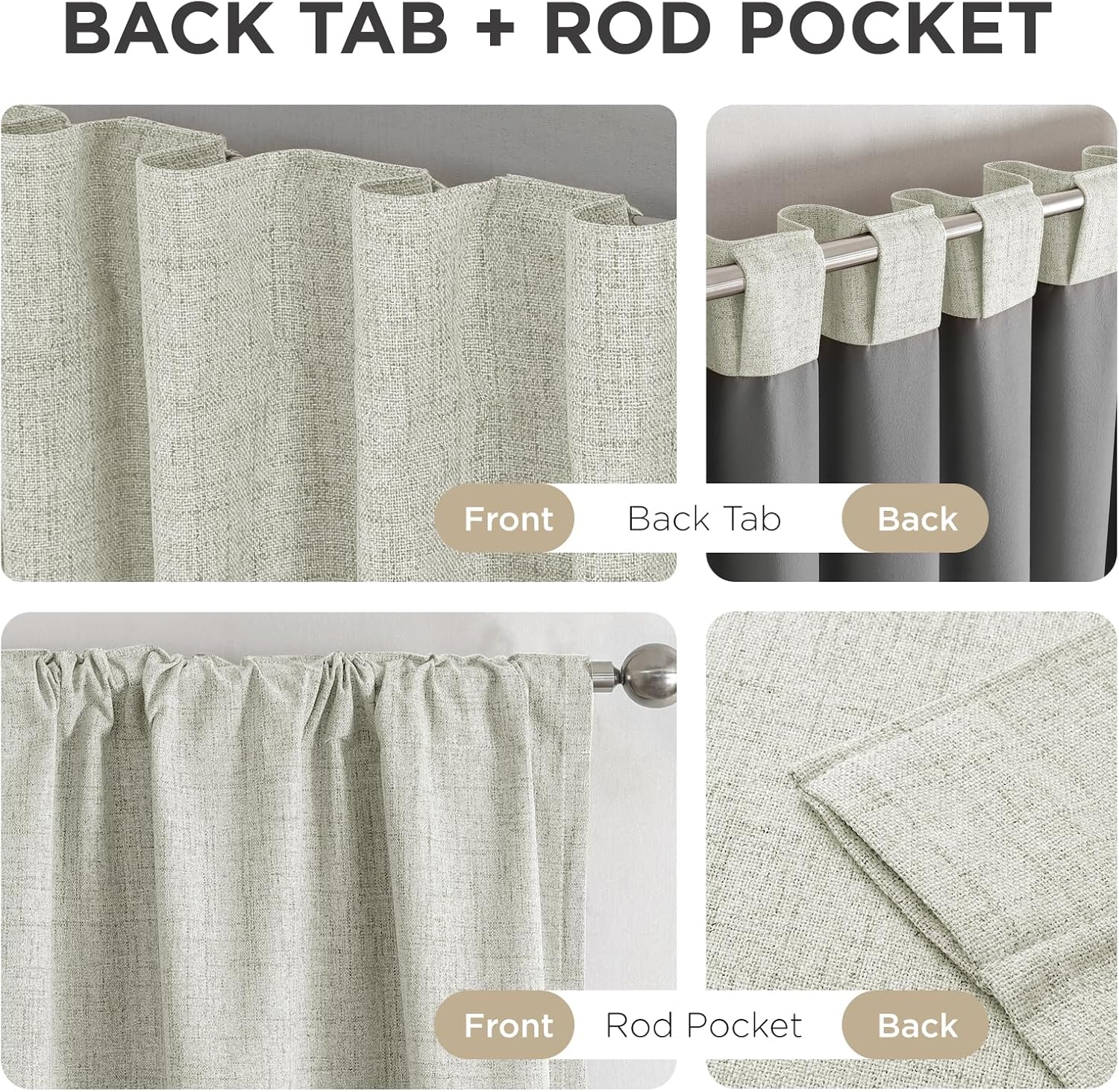 Joydeco light beige linen textured curtains showcasing back tab and rod pocket hanging options, front and back views.