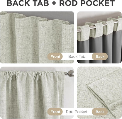 Joydeco light beige linen textured curtains showcasing back tab and rod pocket hanging options, front and back views.