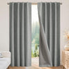 Two light grey linen textured blackout curtains with dark grey lining, showcased on a rod for a living room or bedroom.